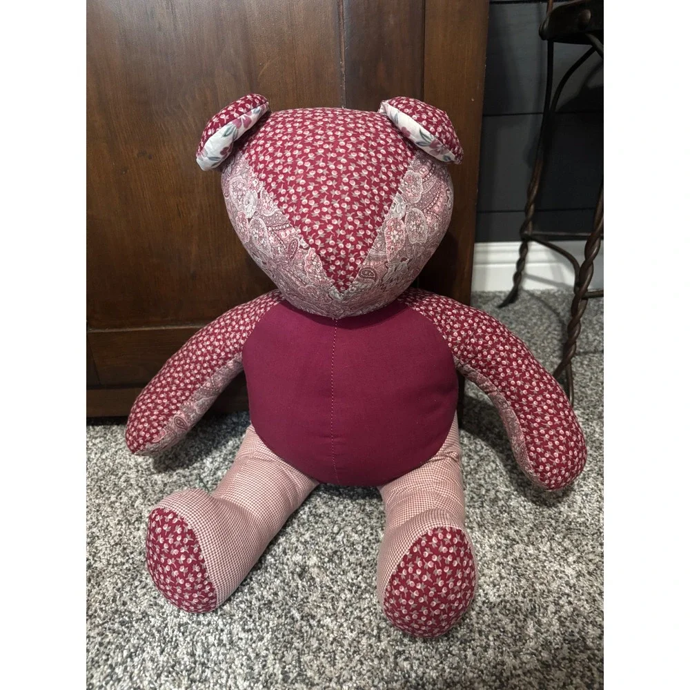 Vintage Handmade Patchwork Teddy Bear Burgundy Floral Paisley Gingham Plush 15